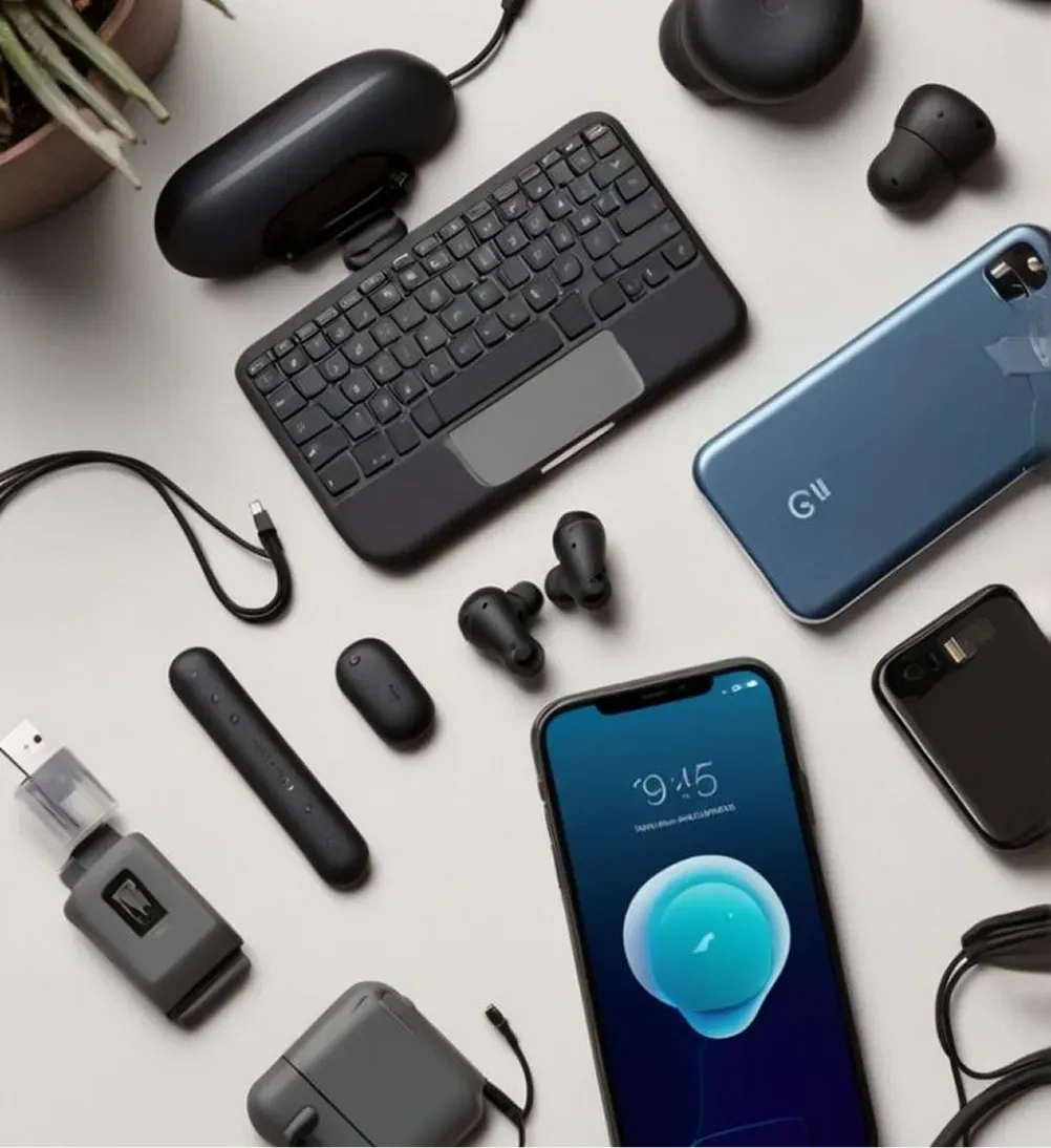 An assortment of electronics including a keyboard, headphones, and a phone.